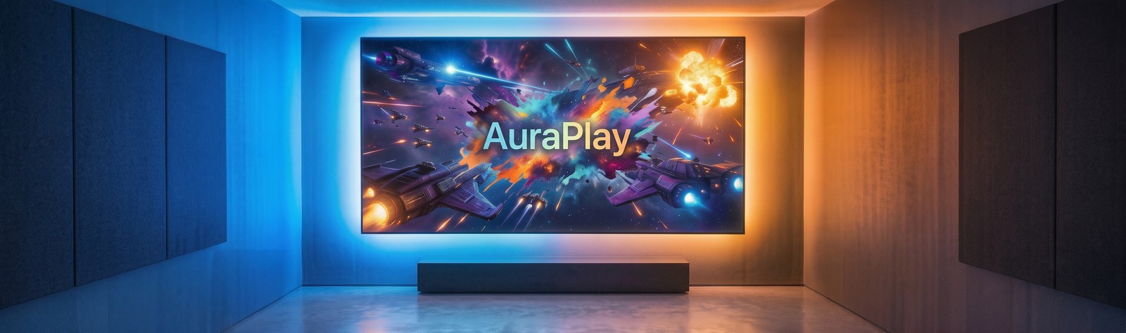 Illustrative artwork showing cool blue and warm amber screen colours spilling onto a room’s walls